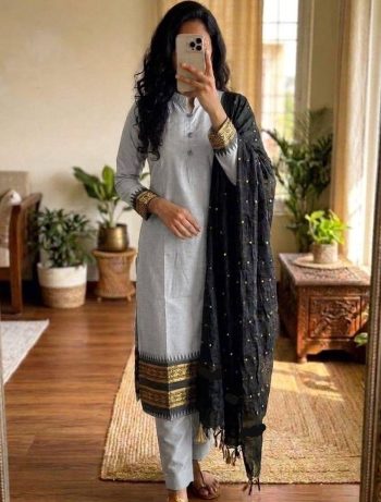 NEW ARRIVAL KANCHI COTTON ZARI KANCHI BORDER WORK TOP BOTTOM WITH DUPATTA GREY