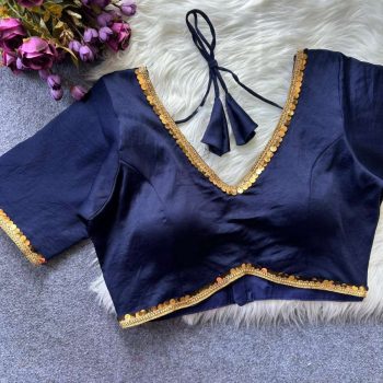 NEW ARRIVAL MALAAI SATIN FANCY LACE WORK READY TO WEAR BLOUSE NAVY BLUE