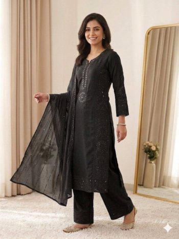 NEW ARRIVAL MUL CHANDERI HAND MIRROR WITH SEQUENCE EMBROIDERY AND CUTWORK TOP PALAZZO WITH DUPATTA BLACK