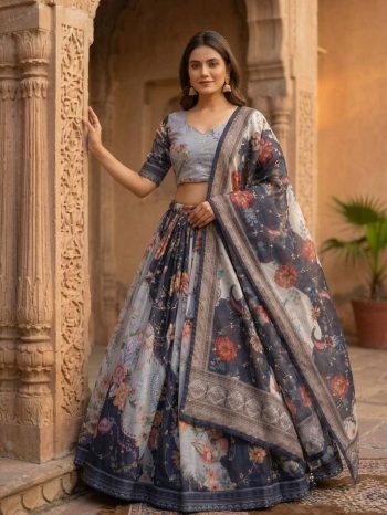 NEW ARRIVAL TABBY SILK DIGITAL PRINTED WITH EMBROIDERY WORK LEHENGA CHOLI WITH DUPATTA PURPLE