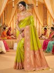 RICH LOOK BANARASI SILK COPPER ZARI FLOWER MOTIFS & WOVEN BORDER WORK SAREE WITH UNSTITCHED BLOUSE PARROT GREEN