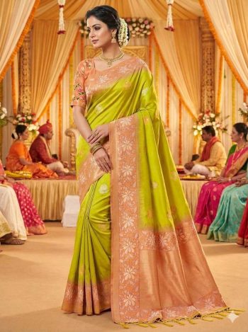 RICH LOOK BANARASI SILK COPPER ZARI FLOWER MOTIFS & WOVEN BORDER WORK SAREE WITH UNSTITCHED BLOUSE PARROT GREEN
