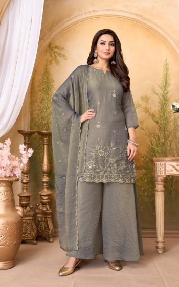 RICH LOOK BERRY SILK EMBROIDERY, SEQUENCE & CODING WORK TOP PALAZZO WITH DUPATTA GREY