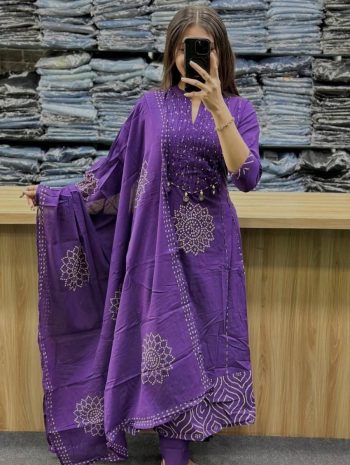 RICH LOOK COTTON ADDA WORK & HEAVY PINTEX WITH 4 PEARL LATKAN WORK TOP BOTTOM WITH DUPATTA PURPLE