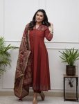 RICH LOOK COTTON DIGITAL PRINTED WITH SEQUENCE KATHA  WORK ANARKALI BOTTOM WITH DUPATTA RED