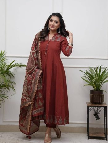 RICH LOOK COTTON DIGITAL PRINTED WITH SEQUENCE KATHA WORK ANARKALI BOTTOM WITH DUPATTA RED