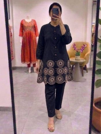 RICH LOOK COTTON EMBROIDERY WORK CO-ORD SET BLACK