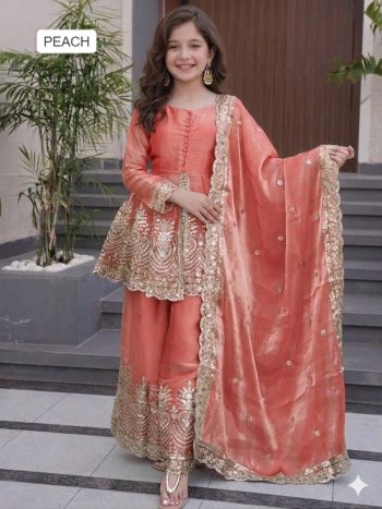 RICH LOOK FENDY SILK EMBROIDERY & SEQUENCE WORK KID'S TOP PALAZZO WITH DUPATTA PEACH