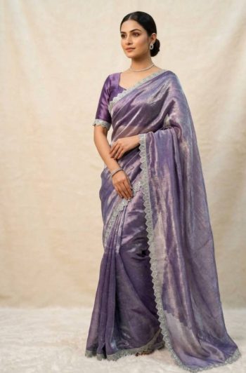 RICH LOOK GMY SILK HANDWORK COLOURFUL LACE BORDER WORK SAREE WITH UNSTITCHED BLOUSE PURPLE