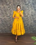 RICH LOOK MUL COTTON EMBROIDERY WORK ONE PIECE MAXI DRESS YELLOW