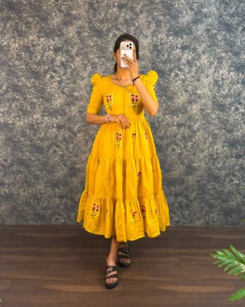 RICH LOOK MUL COTTON EMBROIDERY WORK ONE PIECE MAXI DRESS YELLOW