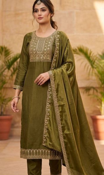 RICH LOOK RAYON EMBROIDERY WORK TOP BOTTOM WITH DUPATTA MEHNDI
