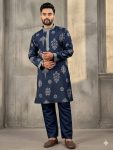 RICH LOOK RUSSIAN SILK EMBROIDERY WORK MEN'S KURTA PAYJAMA BLUE