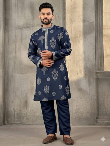 RICH LOOK RUSSIAN SILK EMBROIDERY WORK MEN'S KURTA PAYJAMA BLUE