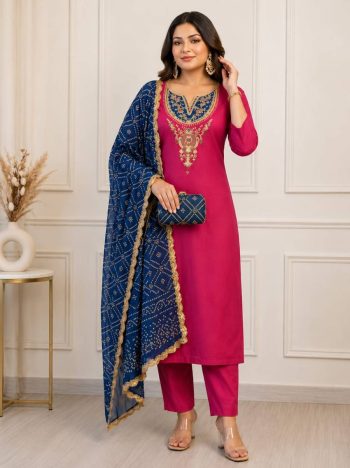 RICH LOOK SLUB COTTON EMBROIDERY WORK TOP BOTTOM WITH DUPATTA PINK