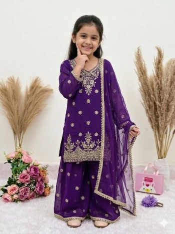 TRADITINAL GEORGETTE EMBROIDERY WORK KID'S TOP PALAZZO WITH DUPATTA PURPLE