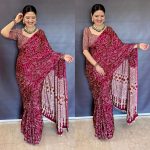TRENDING CREPE SILK AJARAKH PRINT WITH REAL MIRROR WORK SAREE WITH UNSTITCHED BLOUSE MAROON