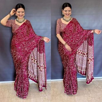 TRENDING CREPE SILK AJARAKH PRINT WITH REAL MIRROR WORK SAREE WITH UNSTITCHED BLOUSE MAROON