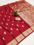 DESIGNER BANARASI SILK SELF & ZARI WEAVING RICH PALLU UNIQUE BORDER WORK SAREE WITH UNSTITCHED BLOUSE RED