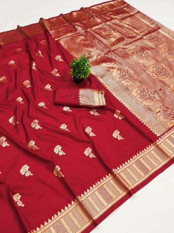 DESIGNER BANARASI SILK SELF & ZARI  WEAVING RICH PALLU UNIQUE BORDER WORK SAREE WITH UNSTITCHED BLOUSE RED