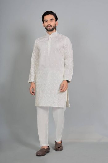 DESIGNER COTTON SILK EMBROIDERY WORK MEN'S KURTA OFF WHITE