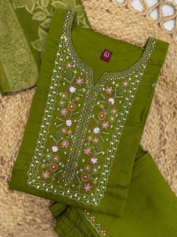 DESIGNER MANGO SILK MULTI EMBROIDERY SEQUENCE WITH HAND WORK TOP BOTTOM WITH DUPATTA PARROT GREEN