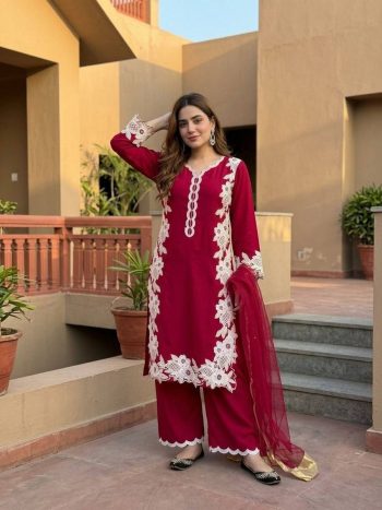 DESIGNER NATURAL SILK EMBROIDRY WORK WITH HEAVY PERAL MOTI HAND WORK TOP PALAZZO WITH DUPATTA RANI