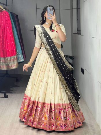 DESIGNER PAITHANI SILK ZARI WEAVING WORK WITH COLORED BORDER AND BUTTI WORK LEHENGA CHOLI WITH DUPATTA OFF WHITE AND BLACK