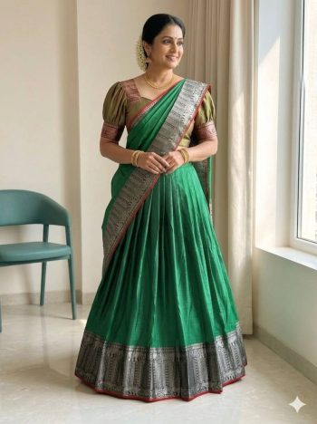 DESIGNER SILK WOVEN WORK LEHENGA CHOLI WITH DUPATTA GREEN