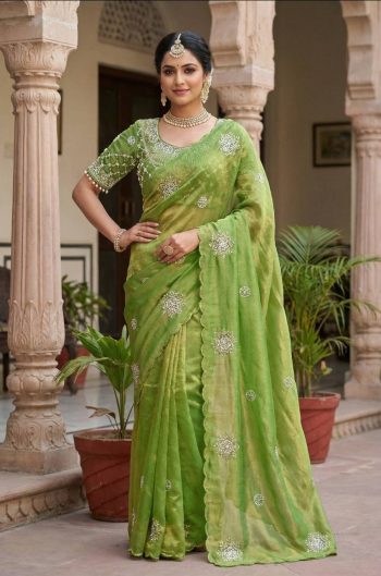 DESIGNER SOFT FENDY SATIN SILK HAND WORK AND CUT WORK WITH ARCO BORDER SAREE WITH STITCH BLOUSE PARROT GREEN