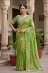 DESIGNER SOFT FENDY SATIN SILK  HAND WORK AND CUT WORK WITH ARCO BORDER SAREE WITH STITCH BLOUSE PARROT GREEN