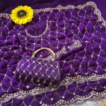 DESIGNER SPACE SILK ORIGINAL GOLD BEADS WORK WITH CUT WORK BORDER SAREE WITH UNSTITCHED BLOUSE PURPLE