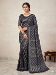 FANCY CHINON AJRAK DIGITAL PRINT WITH REAL MIRROR WORK WITH KODI LACE BORDER WORK SAREE WITH UNSTITCHED BLOUSE BLACK