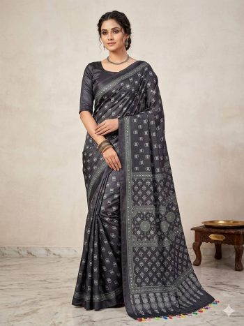 FANCY CHINON AJRAK DIGITAL PRINT WITH REAL MIRROR WORK WITH KODI LACE BORDER WORK SAREE WITH UNSTITCHED BLOUSE BLACK