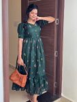 FANCY KOT CHECK EMBROIDERED WORK ONE PIECE DRESS GREEN