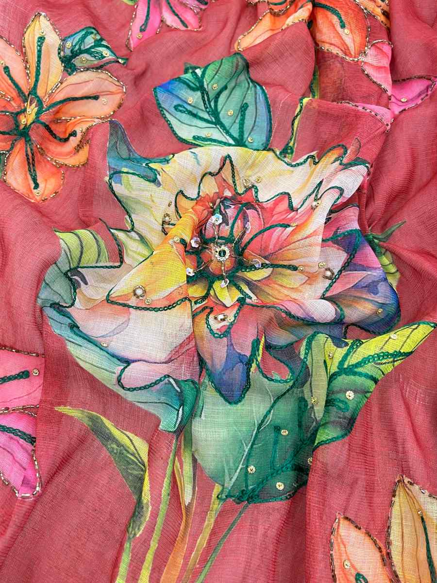 3FANCY LINEN SILK DIGITAL PRINT AND KHATLI WORK SAREE WITH UNSTITCHED BLOUSE FESTIVE WEAR WHOLESALE PRICE ETHNIC GARMENT (5)