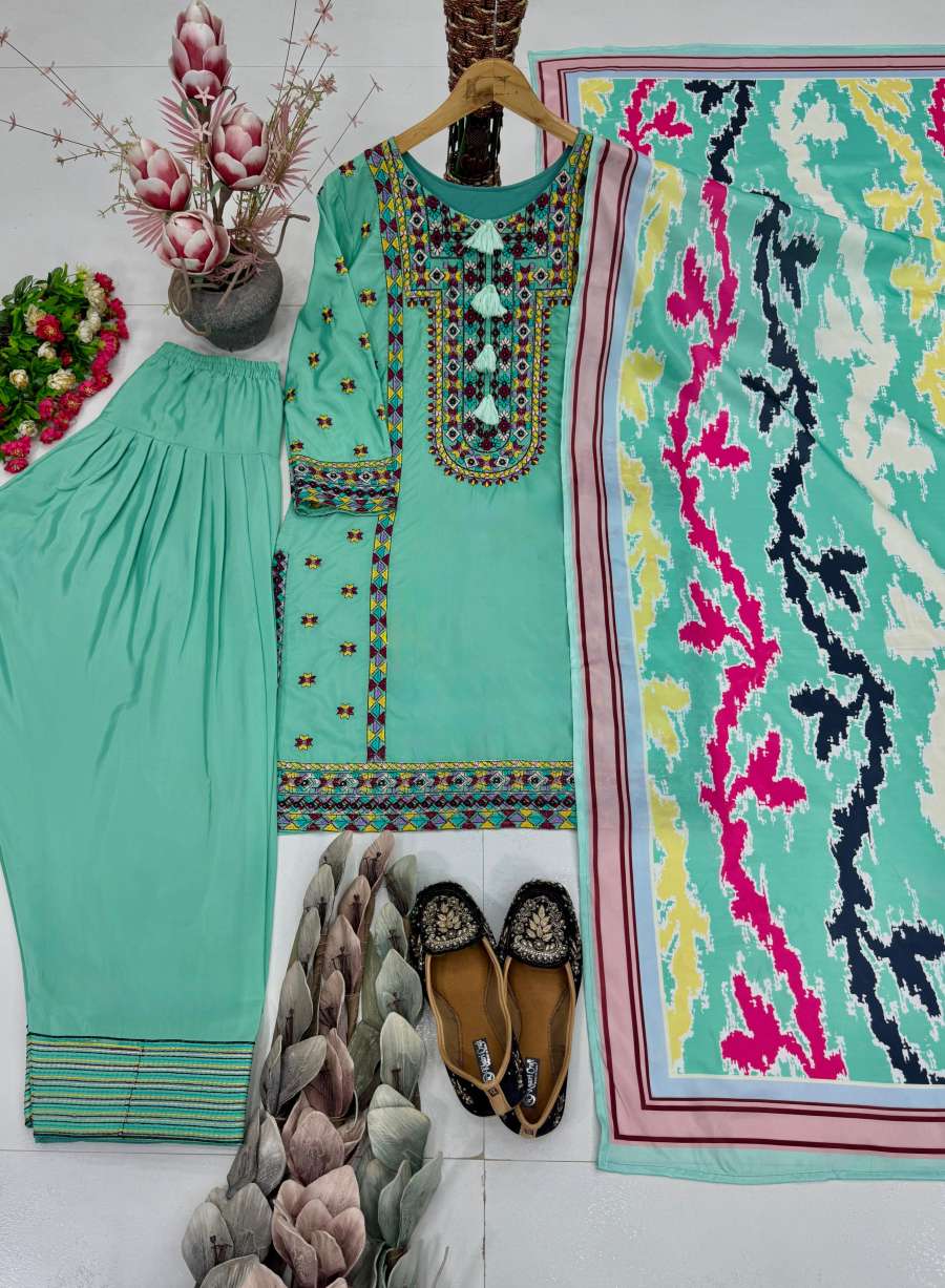 3FANCY NATURAL SILK EMBROIDRY WORK TOP PATIYALA WITH DUPATTA FESTIVE WEAR WHOLESALE PRICE ETHNIC GARMENT (13)