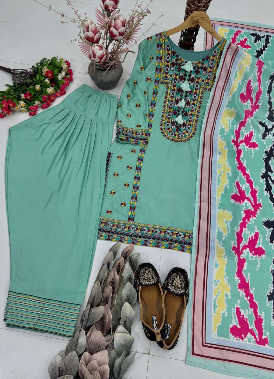 3FANCY NATURAL SILK EMBROIDRY WORK TOP PATIYALA WITH DUPATTA FESTIVE WEAR WHOLESALE PRICE ETHNIC GARMENT (9)