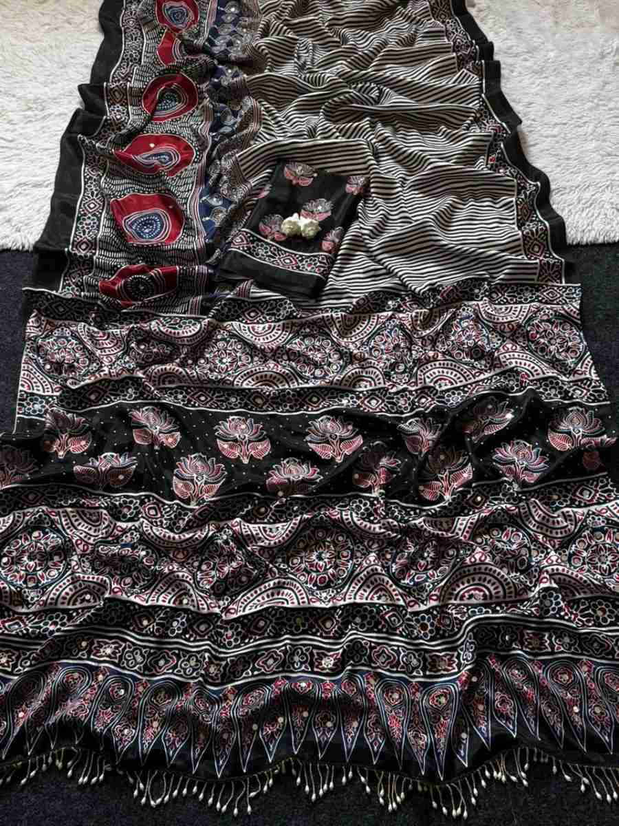 3FANCY SATIN AJARAKH PRINT WITH REAL MIRROR WORK SAREE WITH UNSTITCHED BLOUSE FESTIVE WEAR WHOLESALE PRICE ETHNIC GARMENT (1)