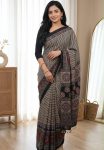 FANCY SATIN AJARAKH PRINT WITH REAL MIRROR WORK SAREE WITH UNSTITCHED BLOUSE BLACK