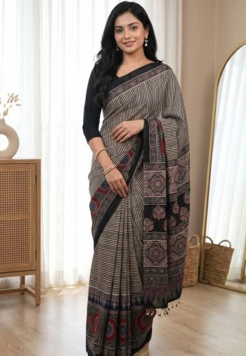 FANCY SATIN AJARAKH PRINT WITH REAL MIRROR WORK SAREE WITH UNSTITCHED BLOUSE BLACK