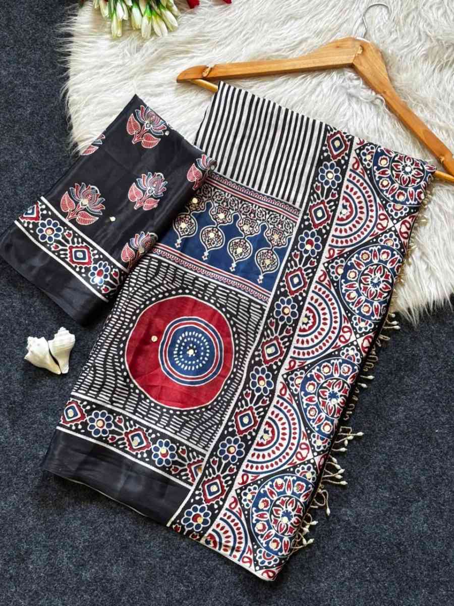 3FANCY SATIN AJARAKH PRINT WITH REAL MIRROR WORK SAREE WITH UNSTITCHED BLOUSE FESTIVE WEAR WHOLESALE PRICE ETHNIC GARMENT (3)