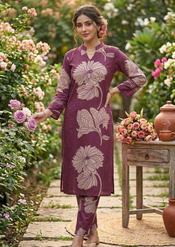 FANCY SLUB COTTON PRINTED WORK TOP PENT SET WINE