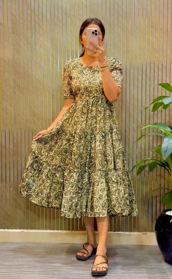 MODERN CAMBRIC COTTON KALAMKARI PRINT GOWN GREEN