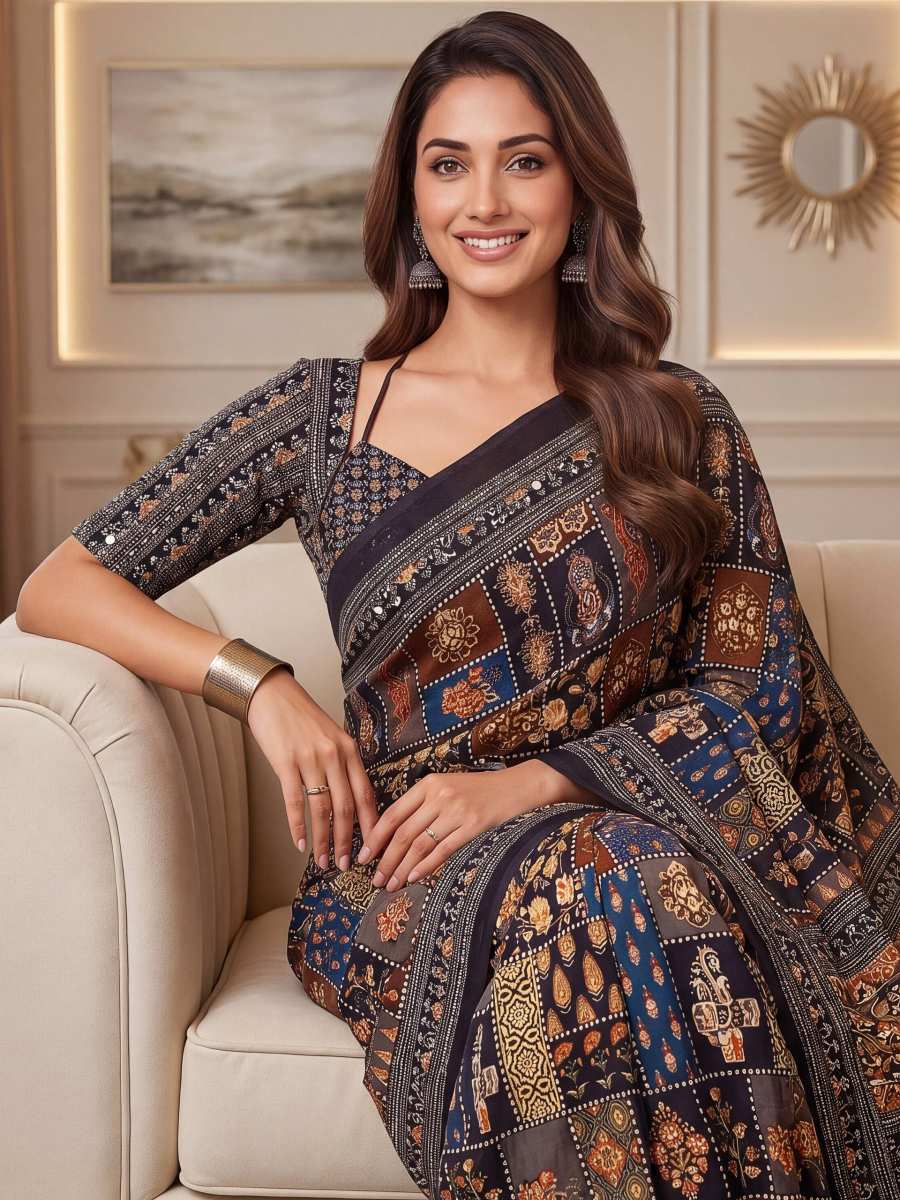 3MODERN CHINON DIGITAL AJRAK PRINT WITH REAL MIRROR WORK SAREE WITH UNSTITCHED BLOUSE PARTY WEAR WHOLESALE PRICE ETHNIC GARMENT (56)