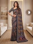 MODERN CHINON DIGITAL AJRAK PRINT WITH REAL MIRROR WORK SAREE WITH UNSTITCHED BLOUSE BLACK