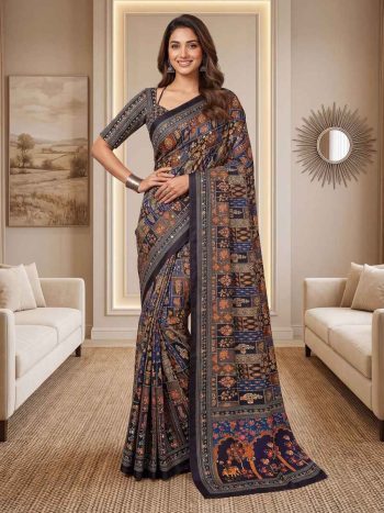 MODERN CHINON DIGITAL AJRAK PRINT WITH REAL MIRROR WORK SAREE WITH UNSTITCHED BLOUSE BLACK