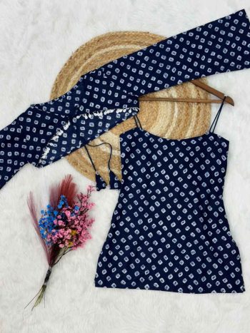 MODERN COTTON BHANDEJ PRINT WORK SHORT KURTI WITH TOP BLUE