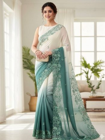 MODERN CRUNCHY PADDING EMBROIDERY AND MULTI THREAD WITH ARCO CUT WORK BORDER SAREE WITH UNSTITCHED BLOUSE RAMA