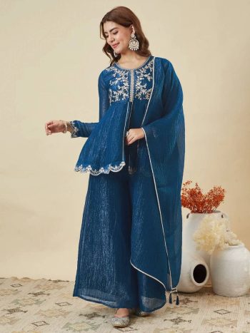MODERN CRUNCHY SILK EMBROIDERY WORK TOP PALAZZO WITH DUPATTA TEAL